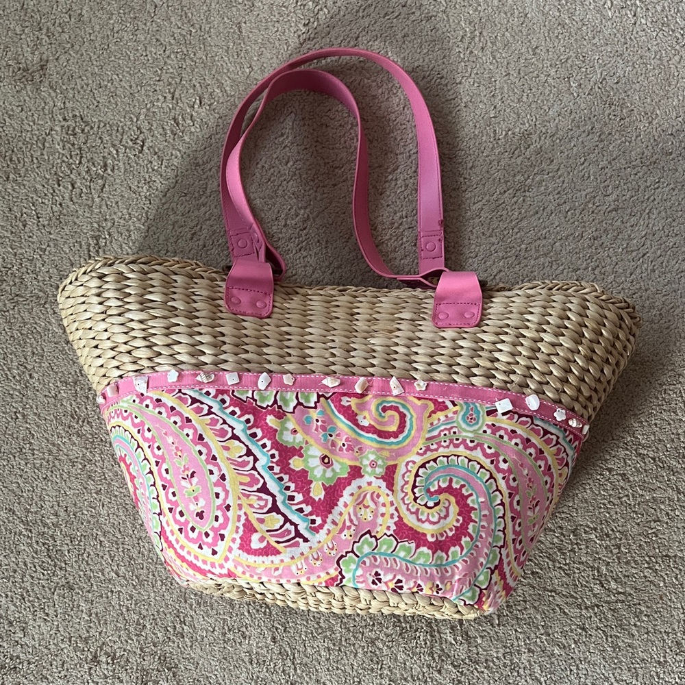 Vera Bradley Pink Paisley and Straw Tote Bag